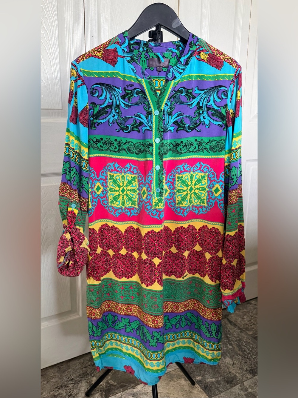 Hale Bob 100% Silk Shirt Dress Colorful Baroque Chain Print Size M